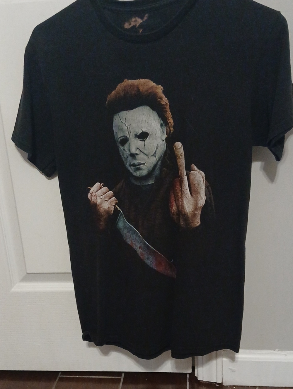 Black Graphic Horror T-Shirt with Michael Myers Design